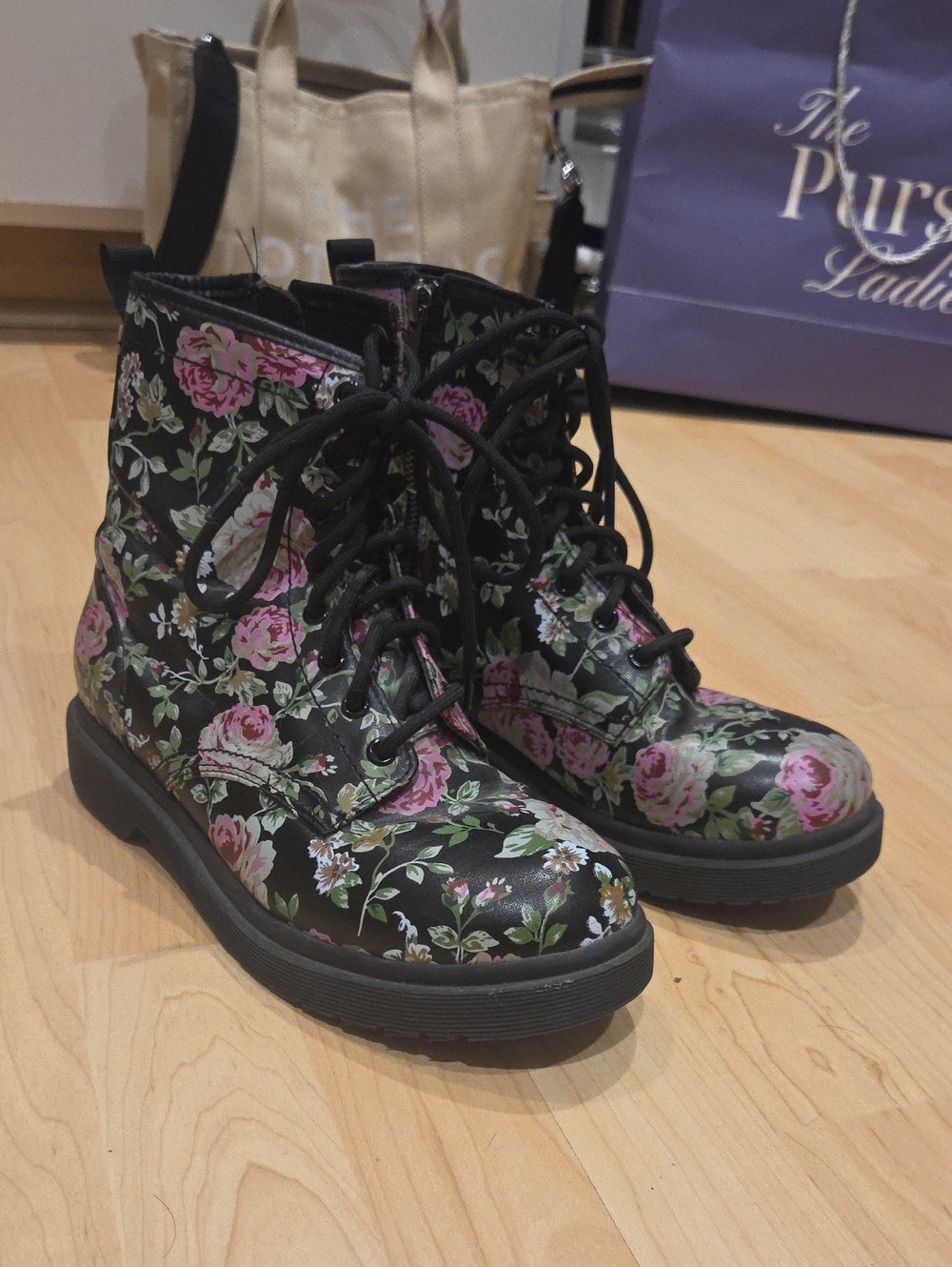 Floral Lace-Up Combat Boots for Women - Black with Pink Rose Print
